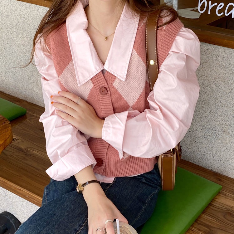 Set áo khoác len không tay và áo sơ mi tay dài thời trang dành cho nữ