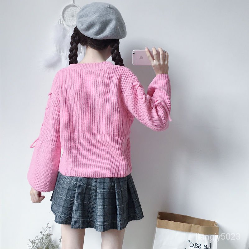 Áo Sweater Tay Loe Dài Phối Ren Đính Nơ Thời Trang Thu Đông Hàn Quốc