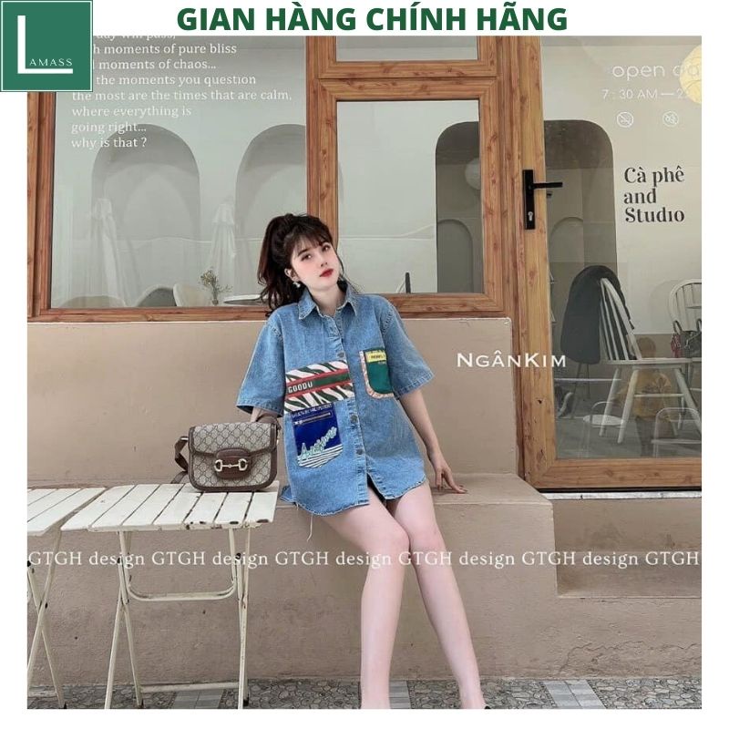 Áo sơ mi jeans bò kiểu dáng hàn quốc in hình ngộ nghĩnh kute dễ thương ,form rộng dấu quần tiểu thư ulzzang -LAMASS