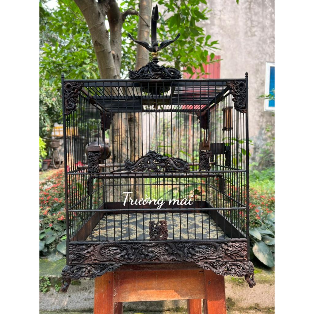 Lồng chim chào mào thái đấu, vuông đấu gỗ mun đuôi công nan hắc đủ phụ kiện