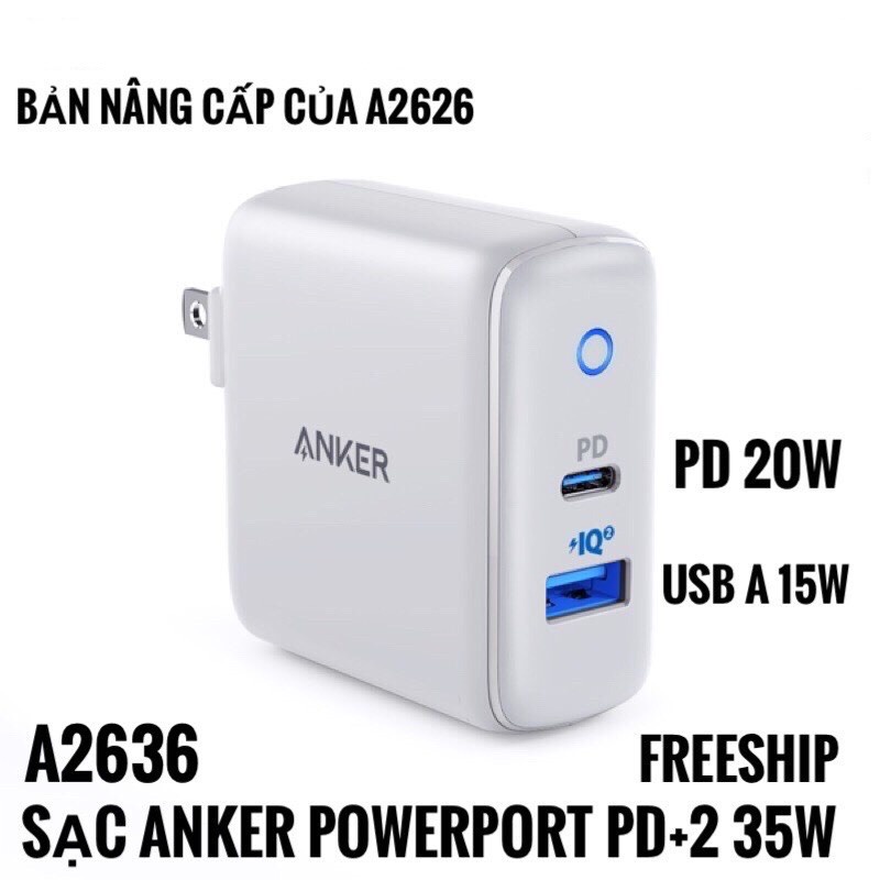CHÍNH HÃNG Cốc CỦ Sạc Nhanh Ankers A2636 35W 2 Cổng PD 20 W + USB A QC3.0 15W