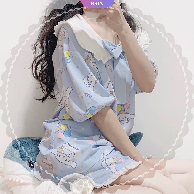 SANRIO Bộ Đồ Ngủ Tay Ngắn Cổ Búp Bê Họa Tiết Hoạt Hình Cinnamoroll Dễ Thương Thời Trang Mùa Hè Xinh Xắn