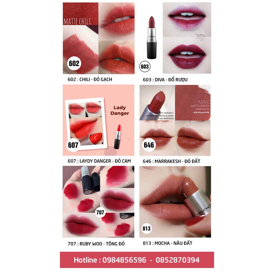 Son Mac Lipstick Matte ( Ruby Woo, Mocha ,Chili, Marakesk,Lady Danger,....) Hàng có bill.