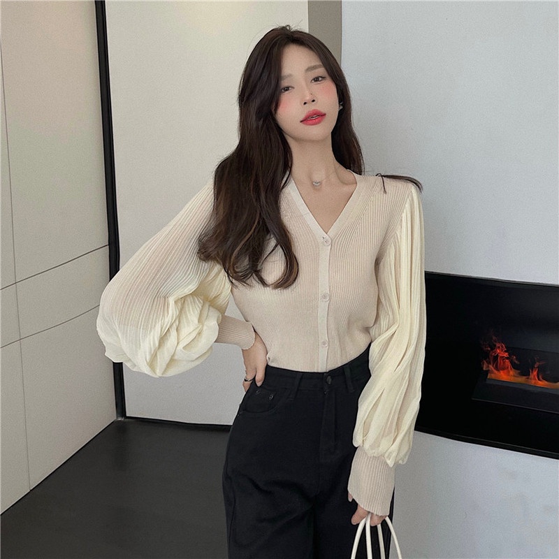 Áo Cardigan Dệt Kim Cổ Chữ V Tay Phồng Dáng Ôm Thời Trang Mùa Thu Hàng Mới Dành Cho Bạn Nữ 2021
