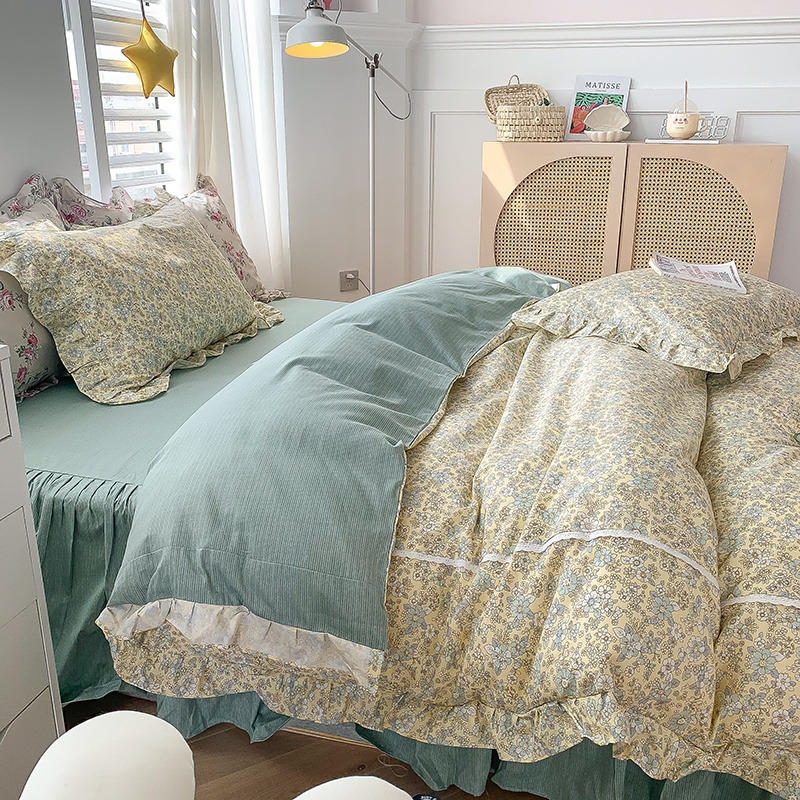 Bộ giường ngủ ga trải giường + vỏ giường + vỏ gối bằng cotton họa tiết hoa nhỏ trái tim phong cách công chúa 2021