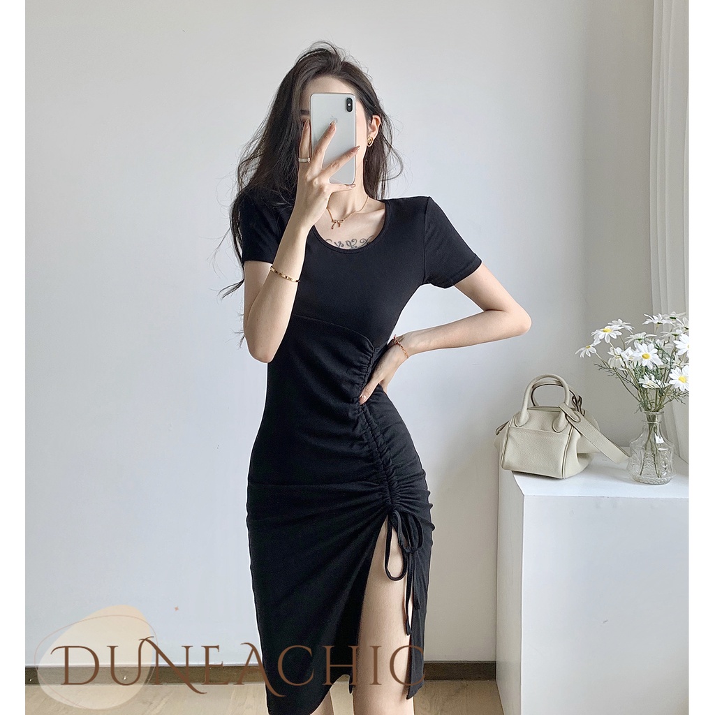 DUNEA Đầm cổ tròn tay ngắn phối dây rút gợi cảm quyến rũ cho nữ