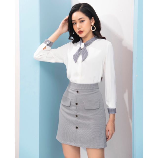 Sét áo kèm chân váy kẻ, 2 màu hồng, đen
