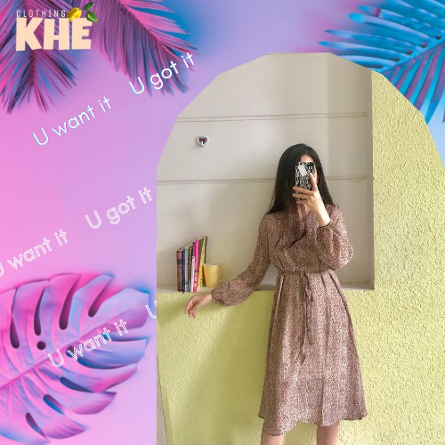 - Váy hoa dáng dài vintage, tay dài, dây thắt eo nữ tính - thu đông