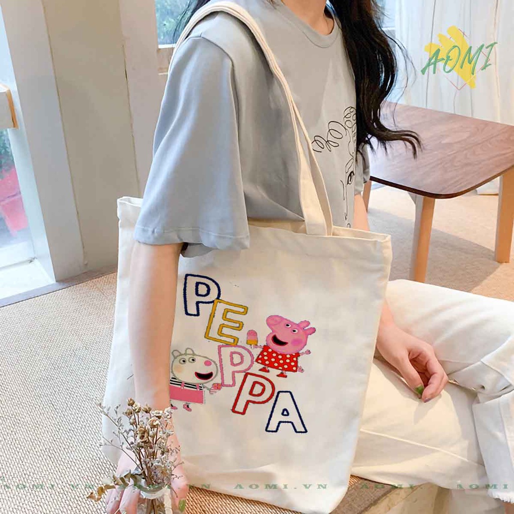 TOTE CANVAS heo peppa TÚI VẢI ĐEO VAI BAG CÓ KHÓA KÉO SIZE LỚN 33x38cm AOMIVN DU LỊCH DẠO PHỐ
