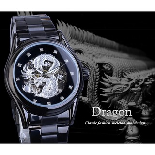 Đồng Hồ Cơ Nam Qianba Chạm Rồng 3D Dây Thép Đúc Đặc Đen Chống Nước Chống Xước