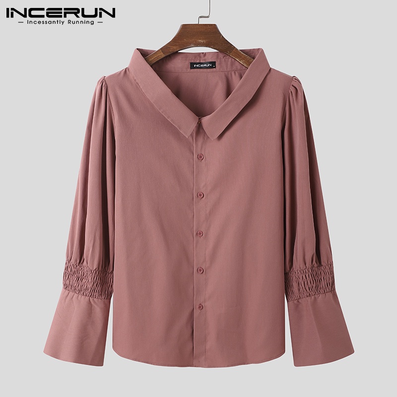 Áo sơ mi nam INCERUN tay dài phồng dáng rộng cài nút màu trơn thời trang vintage
