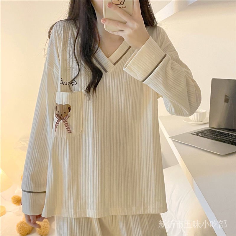 Bộ Đồ Ngủ Tay Dài Cổ Chữ V In Hình Gấu Dễ Thương Phong Cách Nhật Bản Thời Trang Xuân Thu Cho Nữ