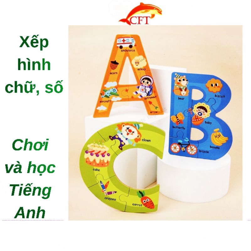 Xếp hình cho bé bộ ghép hình puzzle chữ cái chữ số in hình con vật cao cấp giúp bé chơi và nhớ chữ cái chữ số