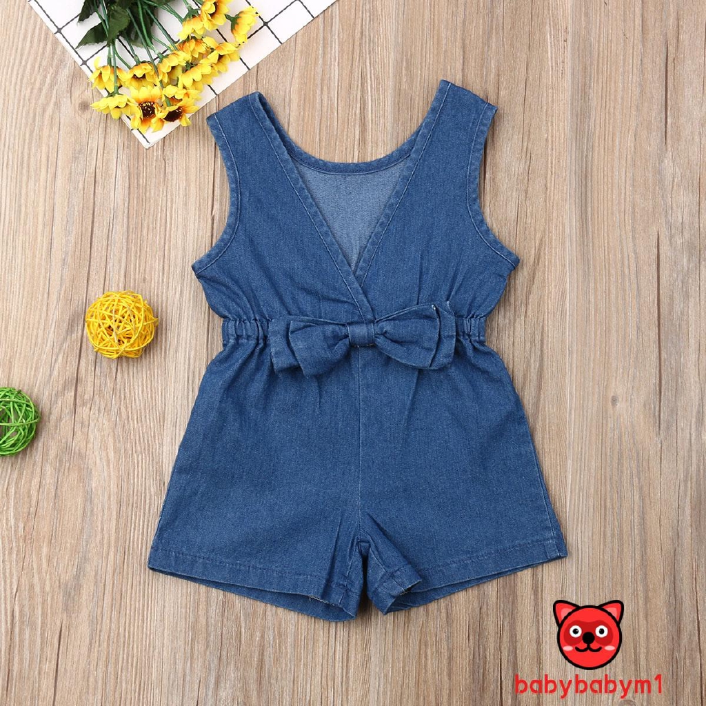 Bộ áo liền quần ngắn bằng vải denim xinh xắn dành cho bé gái WBB