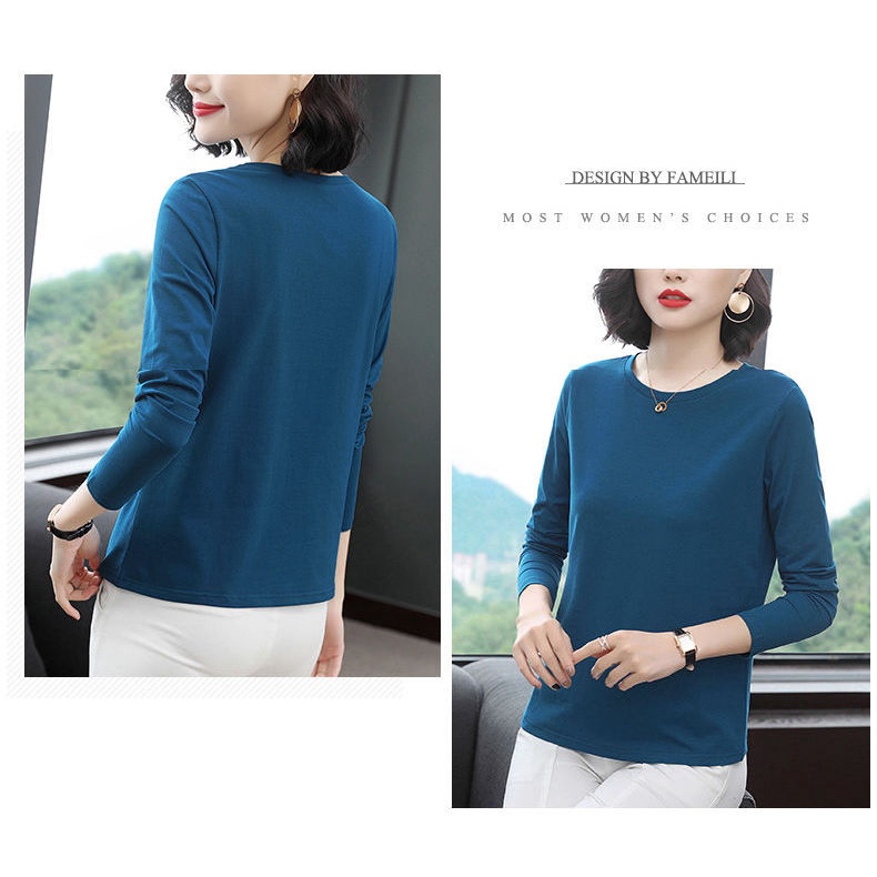 Áo thun cotton mỏng tay dài cổ tròn dáng rộng thời trang cho phụ nữ trung niên