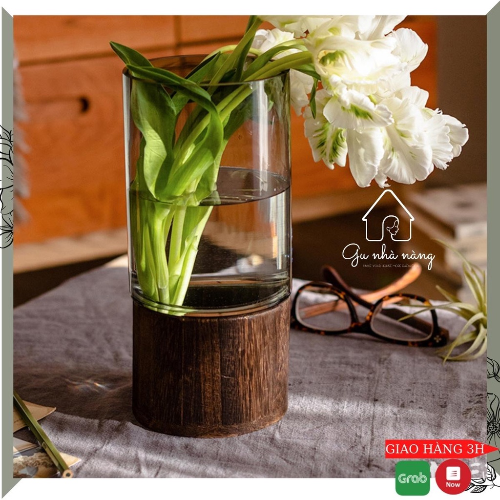 Bình hoa thủy tinh đế gỗ decor phòng ngủ và phòng khách cao cấp