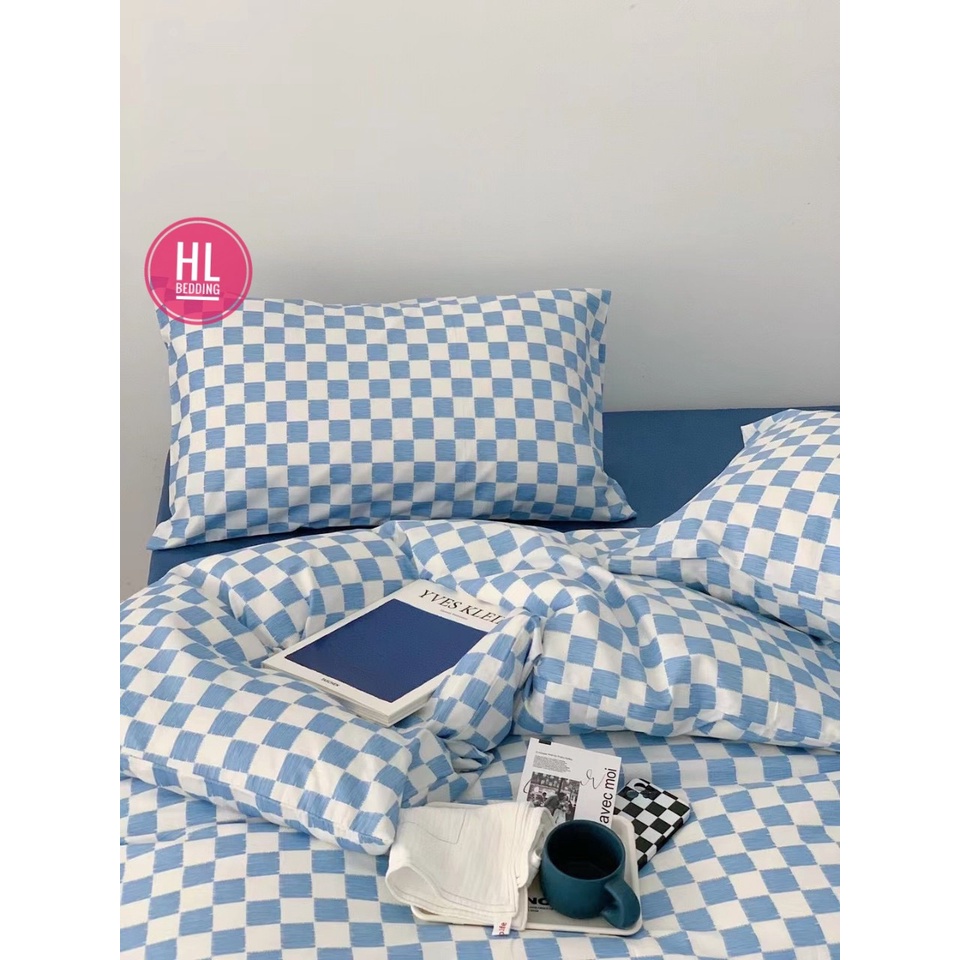 Bộ chăn ga Cotton Poly HL bedding chăn ga Hàn Quốc bàn cờ vua caro ô vuông xanh dương nhỏ đủ size miễn phí bo chun
