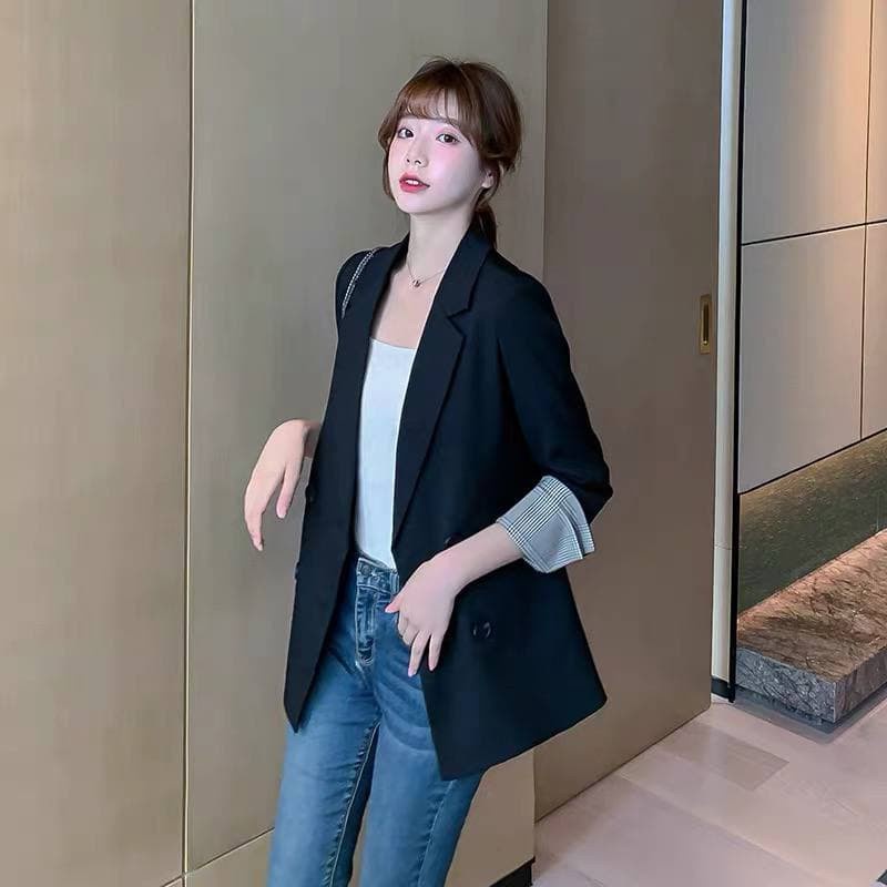 Áo Blazer màu đen cổ tay caro, áo vest công sở kiểu hàn quốc, áo khoác blazer chất vải cao cấp TN1318-Đn -