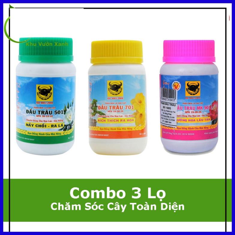 Combo 3 lọ phân bón lá NPK hiệu Đầu Trâu 501, 701, 901 chăm sóc lan và cây cảnh toàn diện - 100gam/lọ