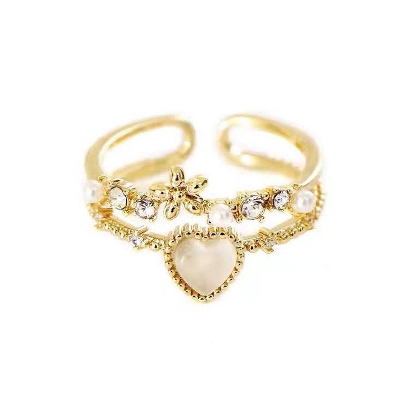 Nhẫn Hai Lớp Hình Trái Tim Đính Đá Opal Thời Trang Chất Lượng Cao