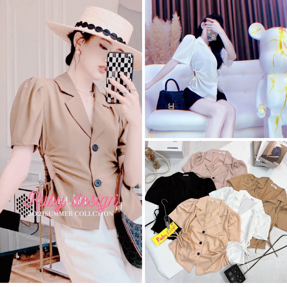 (XẢ HÀNG) Áo kiểu nữ cổ vest rút eo tay ngắn vải lụa mềm phong cách Hàn Quốc cá tính Ruby design