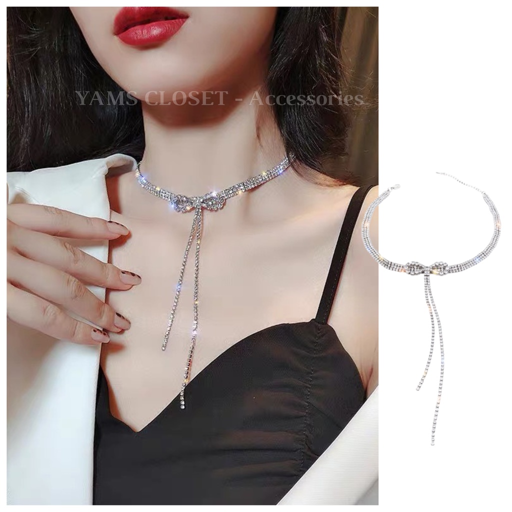 Choker nạm đá hình nơ Trang sức phụ kiện dự lễ lấp lánh sang trọng