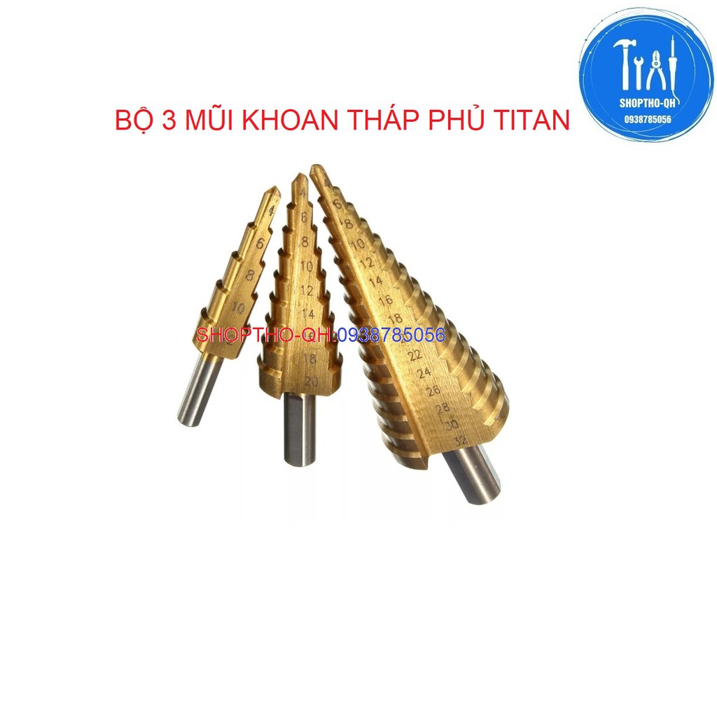 Mũi khoan tầng hình tháp mạ titan 4-12mm,4-20mm, 4-32mm khoan sắt ,tôn ,chất lượng.