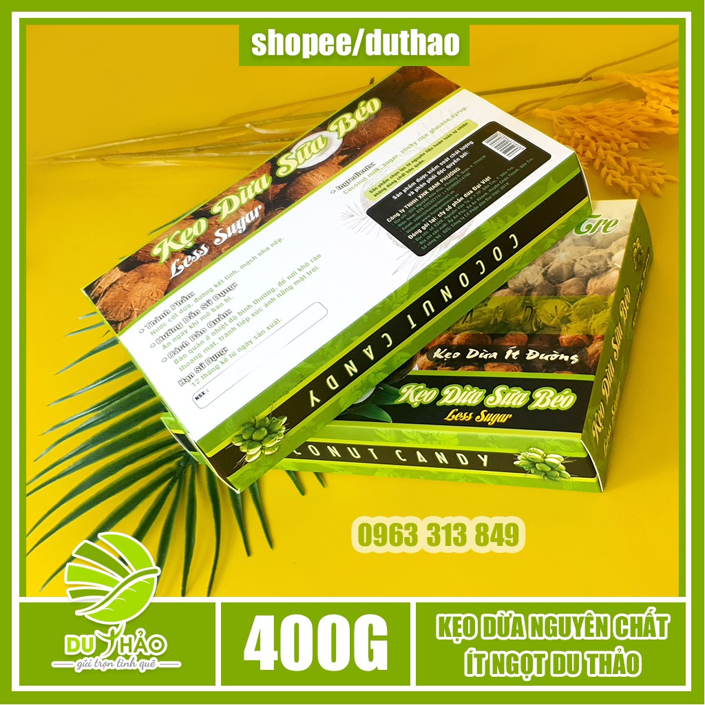 Kẹo dừa nguyên chất Bến Tre ít ngọt Du Thảo 400g, kẹo dừa Bến Tre truyền thống không sầu riêng mềm, dẻo