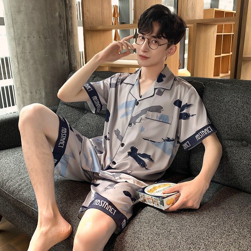 Bộ Đồ Ngủ Vải Lụa Lạnh Mỏng Tay Ngắn Phong Cách Hoạt Hình Dành Cho Nam Thanh Thiếu Niên