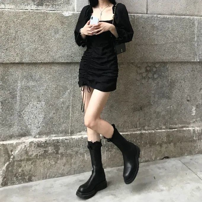 COZOK Đầm tay dài cổ vuông ôm eo phong cách retro