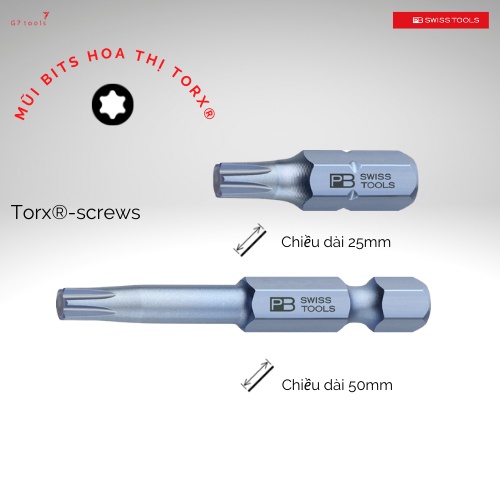 Mũi Vít/ Bits Hoa Thị Torx Chiều Dài 25mm PB Swiss Tools C6.400 & E6.400 Chiều Dài 50mm