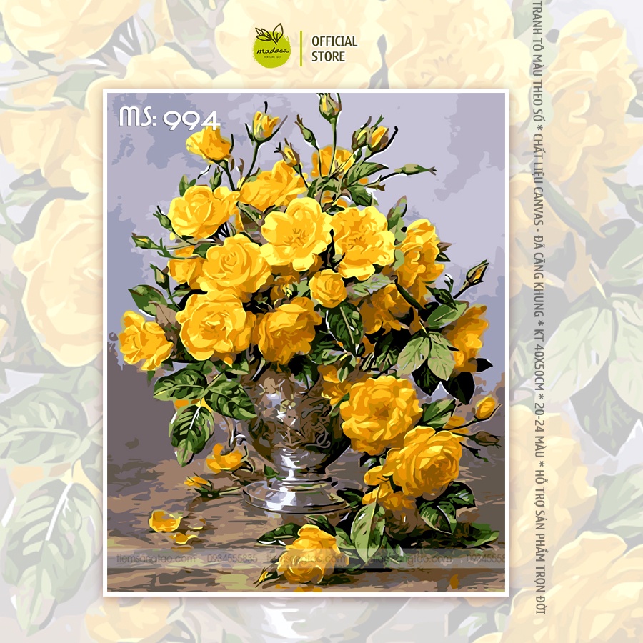 Tranh tô màu số hóa Madoca có khung 40x50cm hoa hồng vàng T994