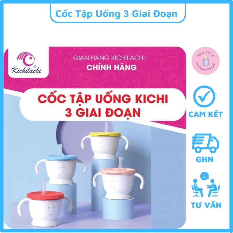 Cốc Tập Uống Nước 3 Giai Đoạn Cho Bé Kichilachi Có Chia Vạch, Ống Hút Silicon Siêu Mềm