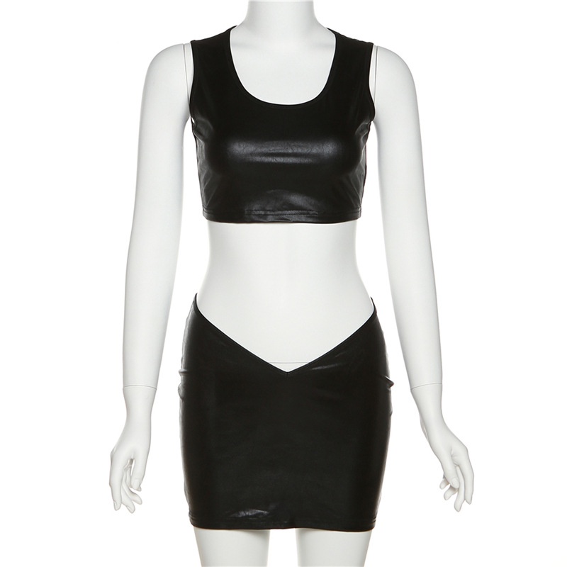 Set Áo Tank Top Cổ Chữ U + Chân Váy Da PU Lưng Thấp Thời Trang Cho Nữ