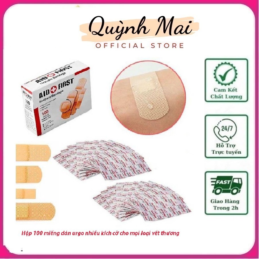 Hộp 100 miếng băng dán vết thương cá nhân gồm nhiều kích thước khác nhau