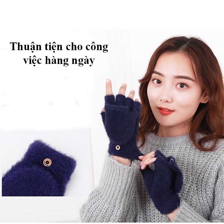 Tất tay len hở ngón nữ, Găng tay len hở ngón vải lông nhung mềm giữ ấm mùa đông thời trang cho nữ