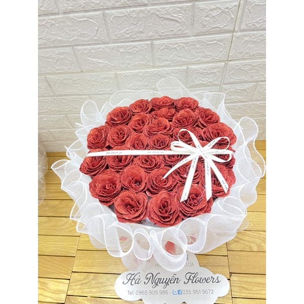 [Hoa sinh nhật- quà 14/2]_ Bó hoa hồng nhũ 40 bông kết hợp lưới siêu sang tặng kèm đèn nháy và full toping