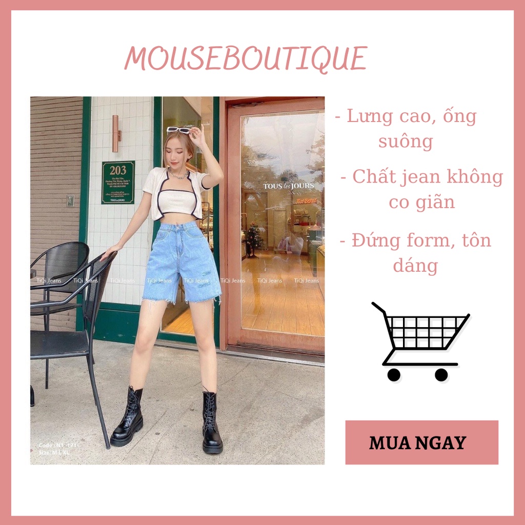 Quần short jean nữ ngố lửng lưng cao rách kiểu năng động thoải mái