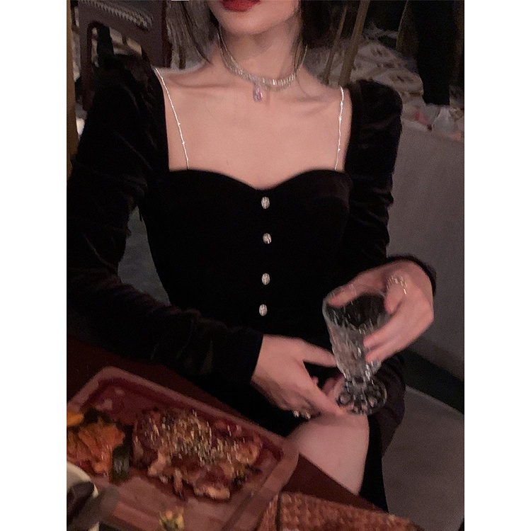 Váy tay dài nhung đen dáng dài xẻ đùi 8/5