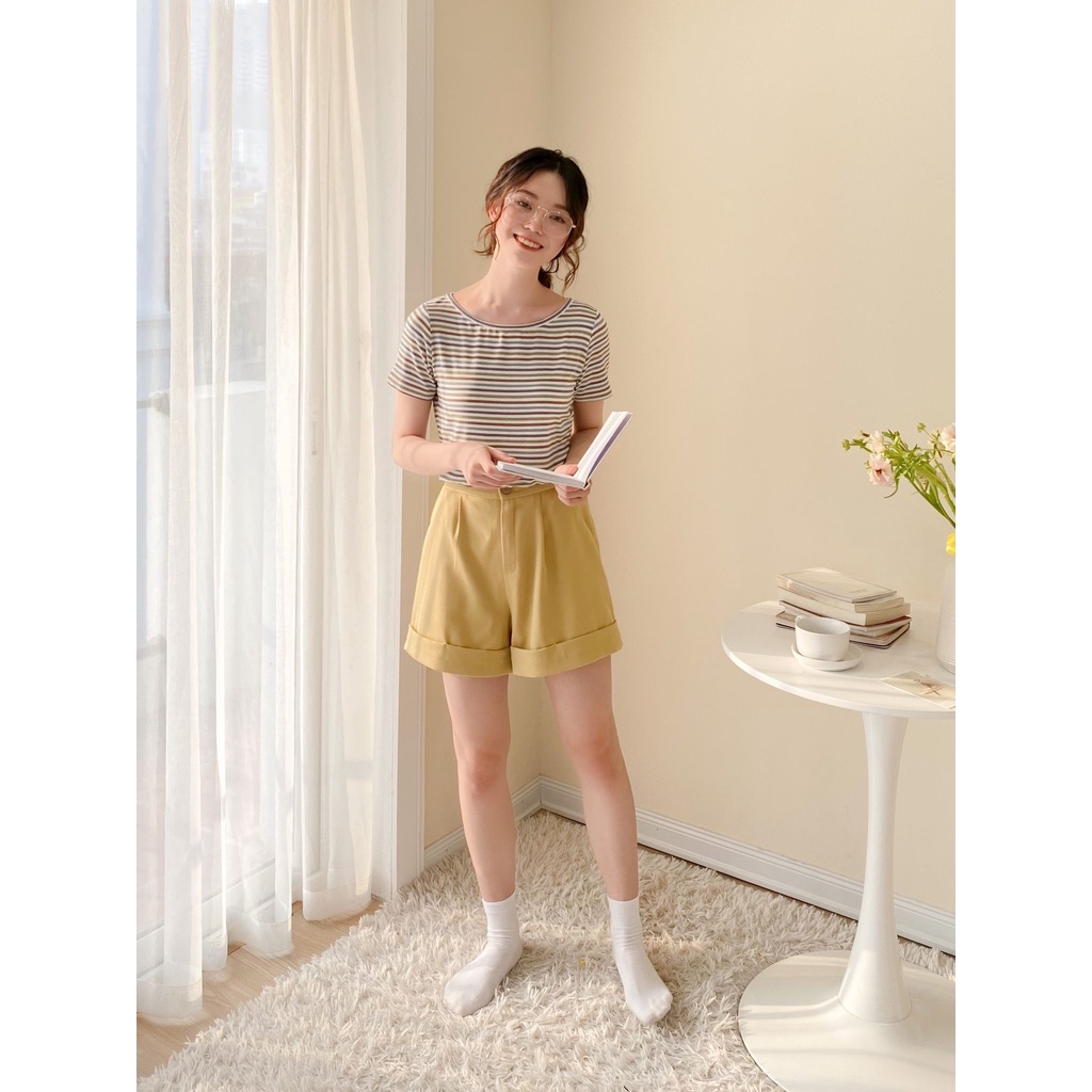Áo thun ngắn tay cổ tròn kẻ ngang nhỏ MADELEN