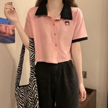 Áo thun polo ZHELIHANGFEI dệt kim ngắn tay phối nút chéo xinh xắn