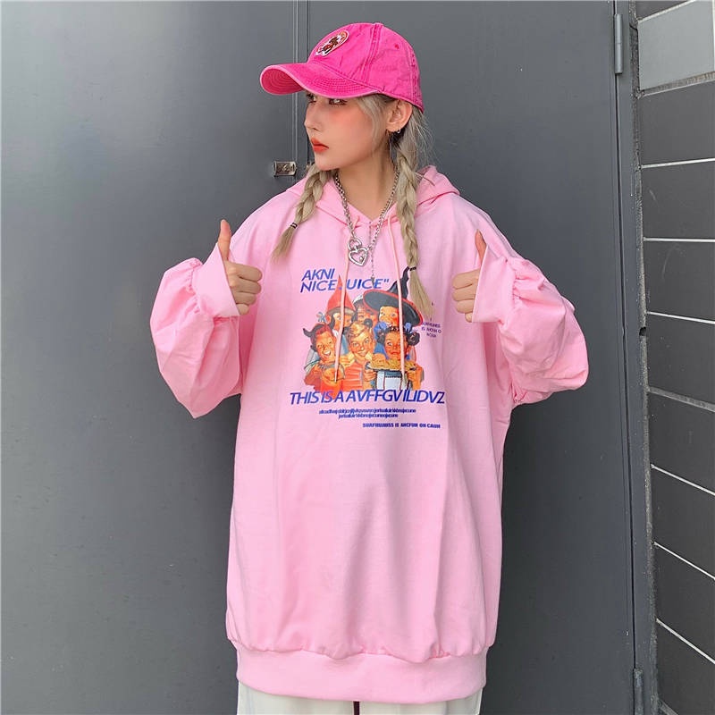 ZHELIHANGFEI Áo len trùm đầu tay dài in hình hoạt hình phong cách đại học