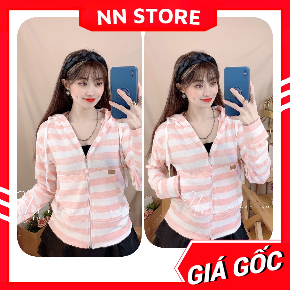Áo khoác nữ có nón chất thun gân tăm mềm mát co giãn lên phom siêu ôm dáng phối sọc dễ thương TP116