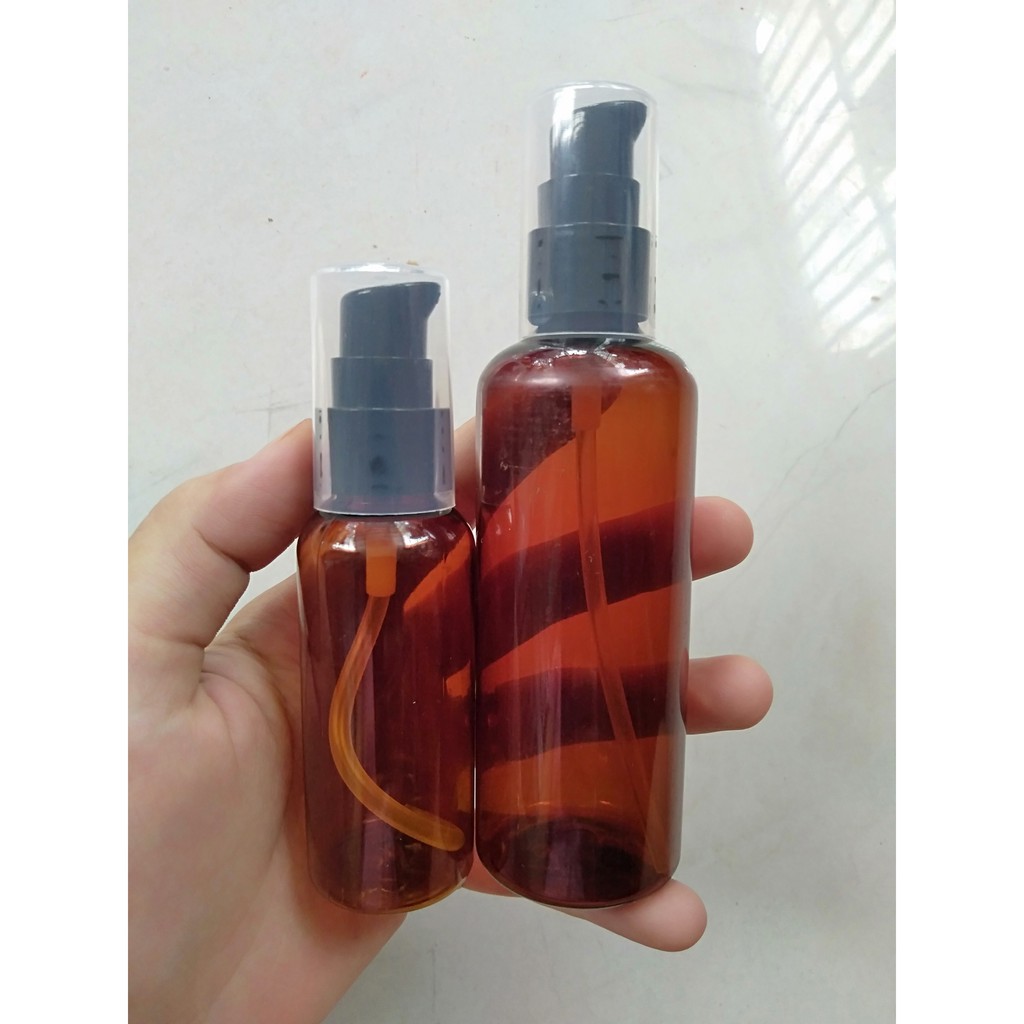 Chai nhựa pet xịt giọt vòi ấn ngắn 50ml / 100ml thân nâu nắp đen