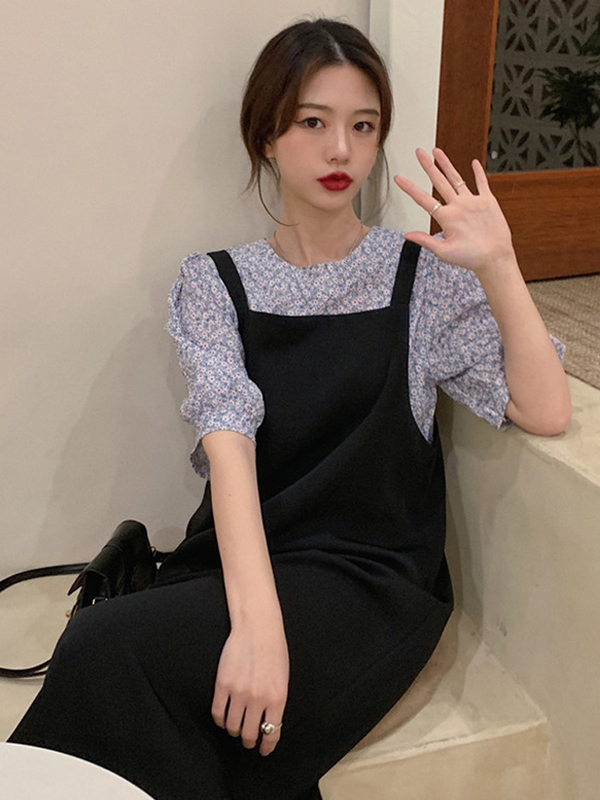 Set váy hai dây dáng suông rộng dài qua gối kèm áo kiểu bánh bèo nữ hoa nhí tay ngắn | BigBuy360 - bigbuy360.vn