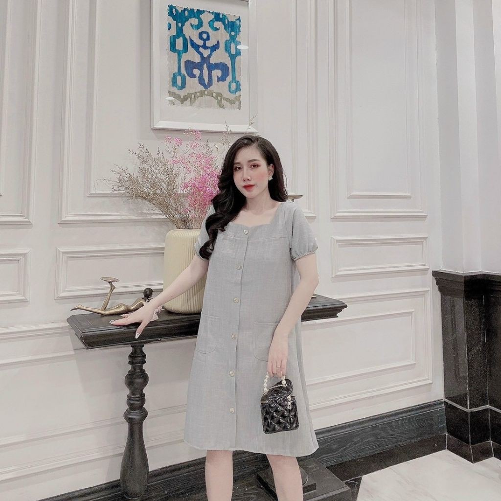 Váy bầu cổ vuông M266 chất đũi hàn freesize từ 45 đến 70kg