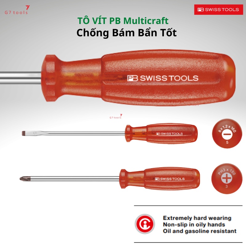Tô Vít PB Swiss Tools Cán Cứng Chống Bám Bẩn MultiCraft PB 6100 Mũi Dẹp/ 6190 Mũi PH