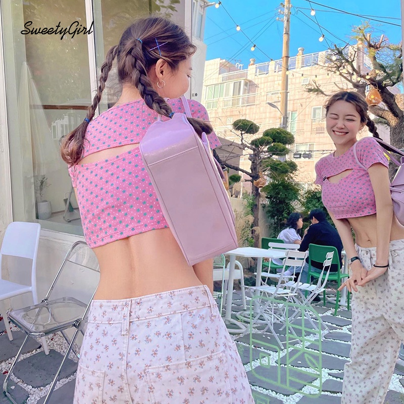 Áo Thun Ngắn Tay Khoét Eo Phối Màu Tương Phản 2022 Họa Tiết Hoa Dễ Thương Thời Trang Cho Nữ