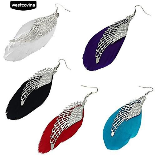 Cặp khuyên tai thời trang bằng hợp kim kiểu đôi cánh phối lông vũ nhiều màu sắc đầy cá tính