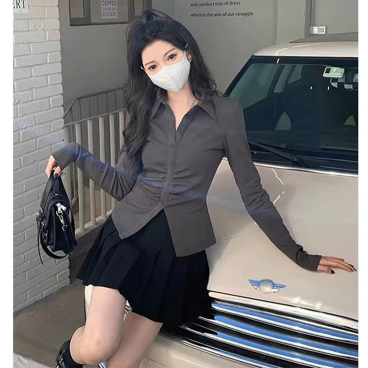 Áo Sơ Mi Tay Dài + Chân Váy Xếp Ly Thời Trang Hàn Quốc Cho Nữ